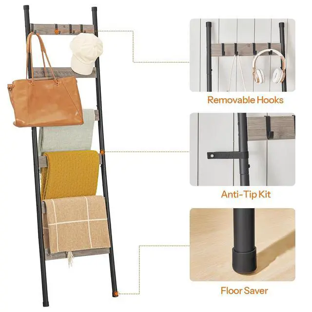Alt view image 6 of 7 - Blanket Ladder, 6-Tier Towel Rack with Hooks, Wall-Leaning Blanket Rack, Decorative Display Ladder Shelf, Scarves, Industrial, Living Room, Bedroom, Black and Greige BG66CJ01