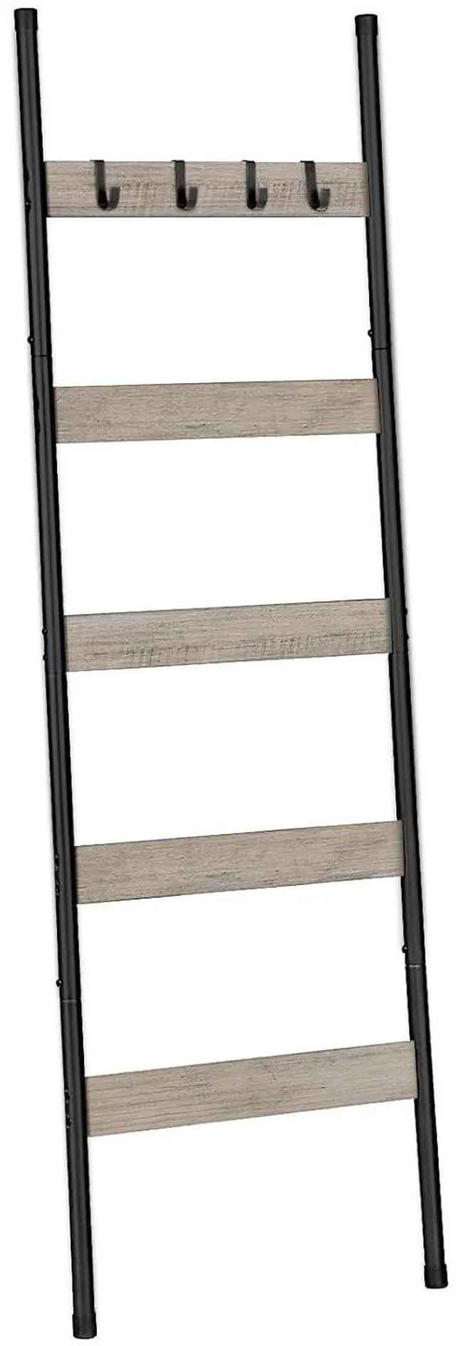 Main image of Blanket Ladder, 5-Tier Towel Rack with Hooks, Wall-Leaning Blanket Rack, Decorative Display Ladder Shelf, Scarves, Industrial, Living Room, Bedroom, Greige and Black BG52CJ01