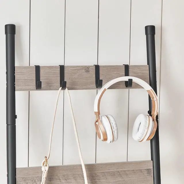 Alt view image 7 of 7 - Blanket Ladder, 6-Tier Towel Rack with Hooks, Wall-Leaning Blanket Rack, Decorative Display Ladder Shelf, Scarves, Industrial, Living Room, Bedroom, Black and Greige BG66CJ01