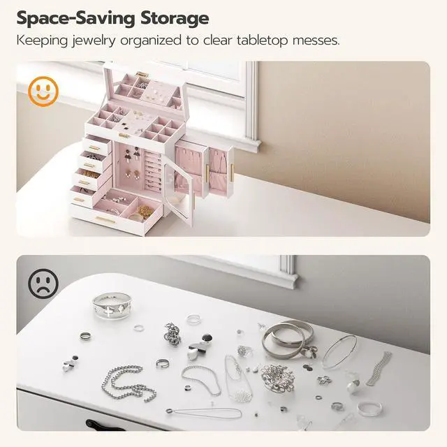 Alt view image 5 of 7 - Jewelry Box with Mirror and 23 inch Wide Nightstand with Charging Station and LED Light Bundle, Easy Assembly WT06JB04G1-WT160UDBZ01