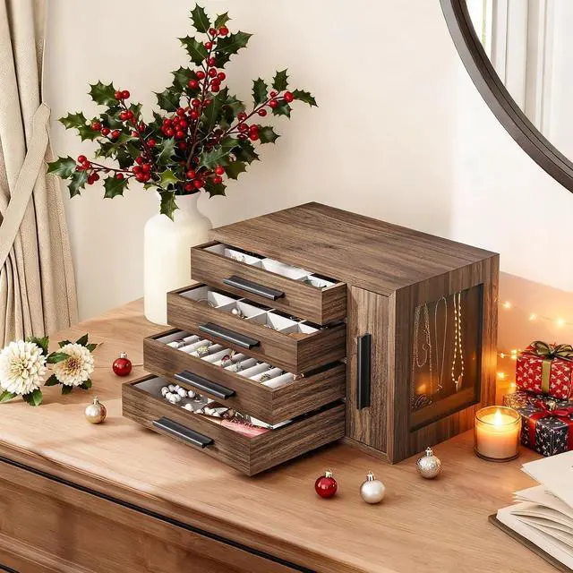 Alt view image 2 of 7 - Jewelry Box for Women, Wooden Jewelry Organizer with Transparent Window, 4-Layer Jewelry Organizer Box, Jewelry Holder Organizer for Earrings, Necklaces, Rings, Walnut and Black BH09JB04