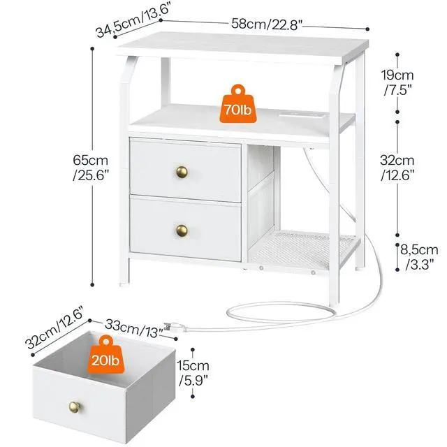 Alt view image 7 of 7 - Jewelry Box with Mirror and 23 inch Wide Nightstand with Charging Station and LED Light Bundle, Easy Assembly WT06JB04G1-WT160UDBZ01