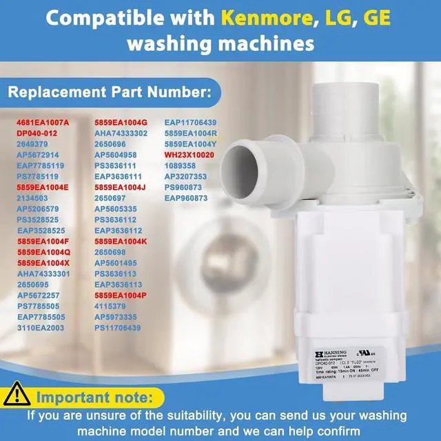 Alt view image 4 of 7 - DP040-012 4681EA1007A 5859EA1004F 5859EA1004G 5859EA1004P Drain Pump (OEM) Compatible with LG Washer, Kenmore, GE washer drain pump, Fits for WT1101CW WT1201CV WT1201CW WT4870CW WT7200CW WT5001CW, etc