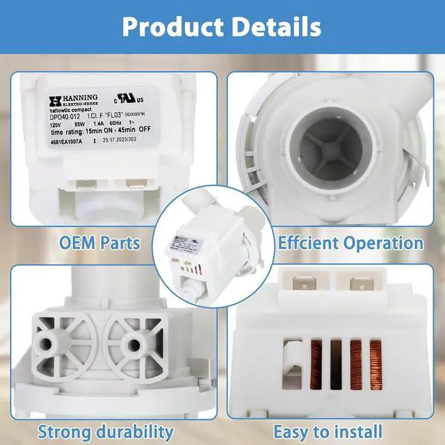 Alt view image 7 of 7 - DP040-012 4681EA1007A 5859EA1004F 5859EA1004G 5859EA1004P Drain Pump (OEM) Compatible with LG Washer, Kenmore, GE washer drain pump, Fits for WT1101CW WT1201CV WT1201CW WT4870CW WT7200CW WT5001CW, etc