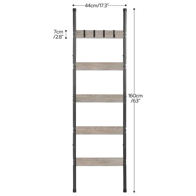 Alt view image 3 of 7 - Blanket Ladder, 5-Tier Towel Rack with Hooks, Wall-Leaning Blanket Rack, Decorative Display Ladder Shelf, Scarves, Industrial, Living Room, Bedroom, Greige and Black BG52CJ01