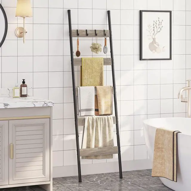 Alt view image 2 of 7 - Blanket Ladder, 5-Tier Towel Rack with Hooks, Wall-Leaning Blanket Rack, Decorative Display Ladder Shelf, Scarves, Industrial, Living Room, Bedroom, Greige and Black BG52CJ01
