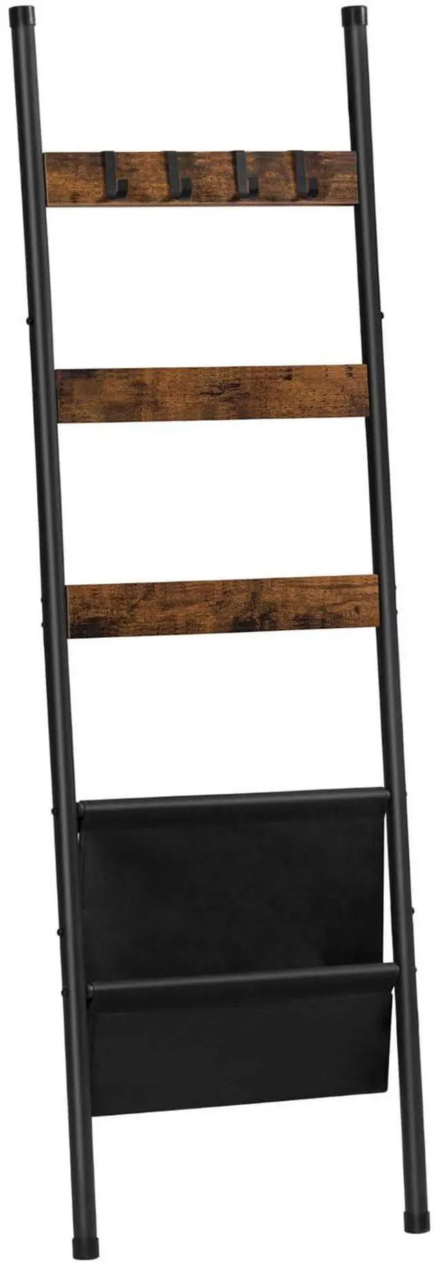 Main image of Blanket Ladder, 5 Tier Towel Rack, 17.3" L x 63" H, Wall-Leaning Blanket Rack for Living Room, Decorative Ladder with 4 Hooks and Magazine Pocket, Rustic Brown BF32CJ01