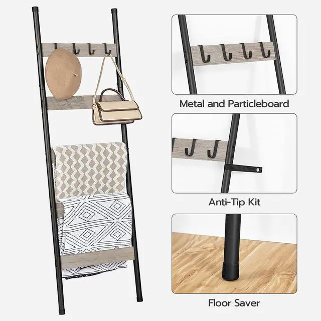 Alt view image 5 of 7 - Blanket Ladder, 5-Tier Towel Rack with Hooks, Wall-Leaning Blanket Rack, Decorative Display Ladder Shelf, Scarves, Industrial, Living Room, Bedroom, Greige and Black BG52CJ01