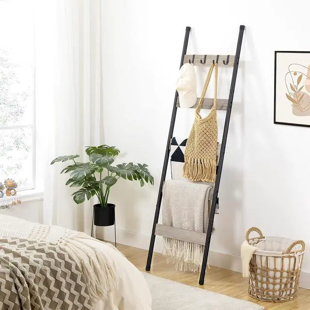 Alt view image 6 of 7 - Blanket Ladder, 5-Tier Towel Rack with Hooks, Wall-Leaning Blanket Rack, Decorative Display Ladder Shelf, Scarves, Industrial, Living Room, Bedroom, Greige and Black BG52CJ01