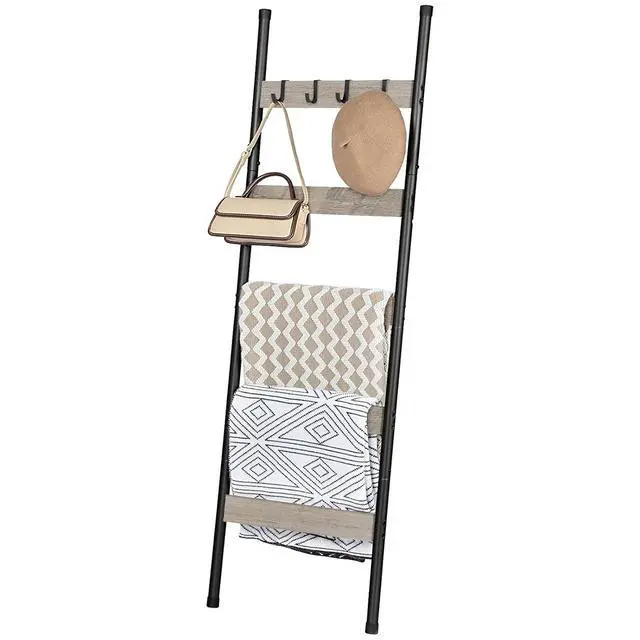 Alt view image 7 of 7 - Blanket Ladder, 5-Tier Towel Rack with Hooks, Wall-Leaning Blanket Rack, Decorative Display Ladder Shelf, Scarves, Industrial, Living Room, Bedroom, Greige and Black BG52CJ01