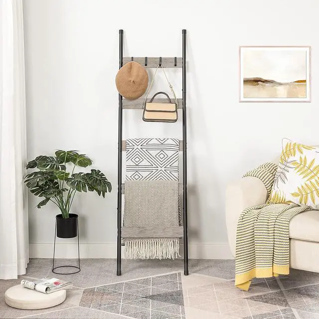 Alt view image 4 of 7 - Blanket Ladder, 5-Tier Towel Rack with Hooks, Wall-Leaning Blanket Rack, Decorative Display Ladder Shelf, Scarves, Industrial, Living Room, Bedroom, Greige and Black BG52CJ01