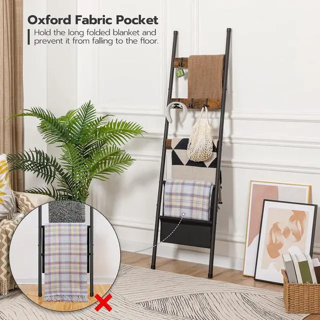 Alt view image 3 of 7 - Blanket Ladder, 5 Tier Towel Rack, 17.3" L x 63" H, Wall-Leaning Blanket Rack for Living Room, Decorative Ladder with 4 Hooks and Magazine Pocket, Rustic Brown BF32CJ01