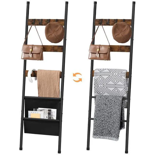 Alt view image 4 of 7 - Blanket Ladder, 5 Tier Towel Rack, 17.3" L x 63" H, Wall-Leaning Blanket Rack for Living Room, Decorative Ladder with 4 Hooks and Magazine Pocket, Rustic Brown BF32CJ01