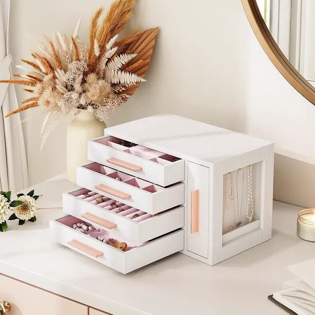 Alt view image 6 of 7 - Jewelry Box with Mirror and Wooden Jewelry Box Bundle, Jewelry Organizer with Glass Window, Jewelry Holder Organizer for Earrings, Necklaces, Rings, WT03JB04G2-WD09JB04