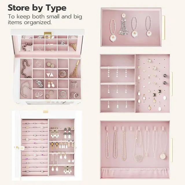 Alt view image 4 of 7 - Jewelry Box with Mirror and Wooden Jewelry Box Bundle, Jewelry Organizer with Glass Window, Jewelry Holder Organizer for Earrings, Necklaces, Rings, WT03JB04G2-WD09JB04