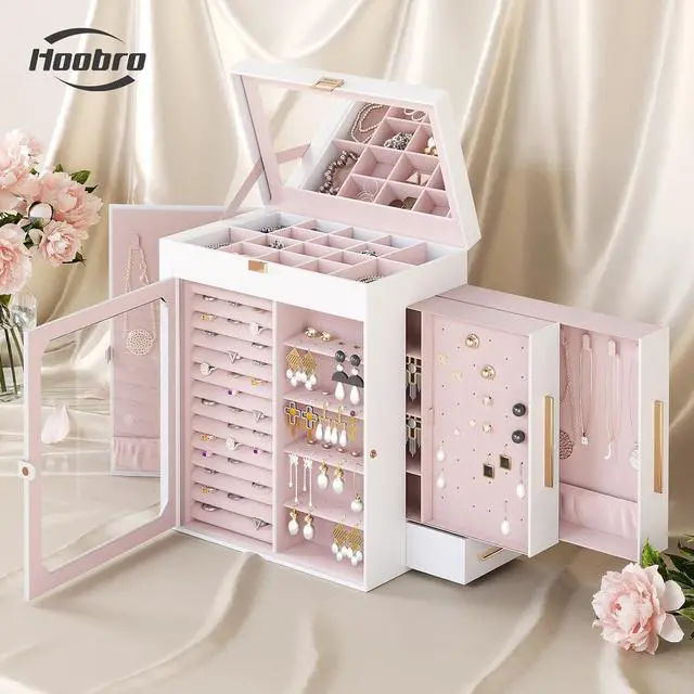 Alt view image 2 of 7 - Jewelry Box with Mirror and Wooden Jewelry Box Bundle, Jewelry Organizer with Glass Window, Jewelry Holder Organizer for Earrings, Necklaces, Rings, WT03JB04G2-WD09JB04