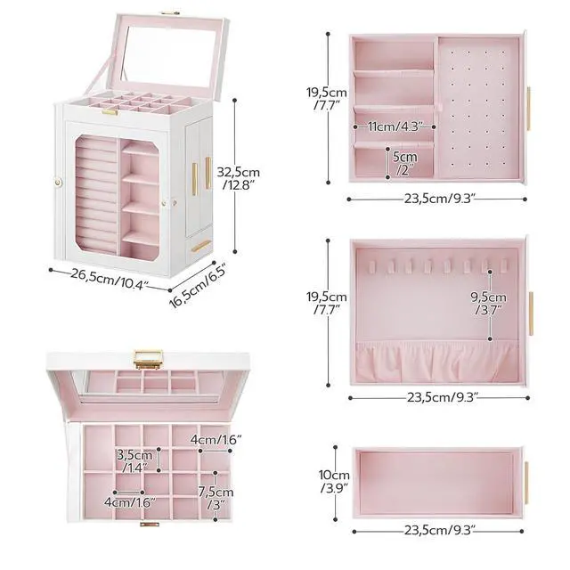 Alt view image 5 of 7 - Jewelry Box with Mirror and Wooden Jewelry Box Bundle, Jewelry Organizer with Glass Window, Jewelry Holder Organizer for Earrings, Necklaces, Rings, WT03JB04G2-WD09JB04