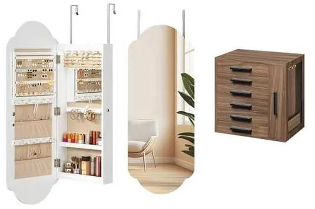 Main image of Jewelry Box for Women and Wide Jewelry Cabinet, Jewelry Organizer Box, LED Jewelry Organizer Wall/Door Mounted, 6-Tier Wooden Jewelry Box, Hanging Jewelry Cabinet Mirror, BH12JB04-WT03JC04