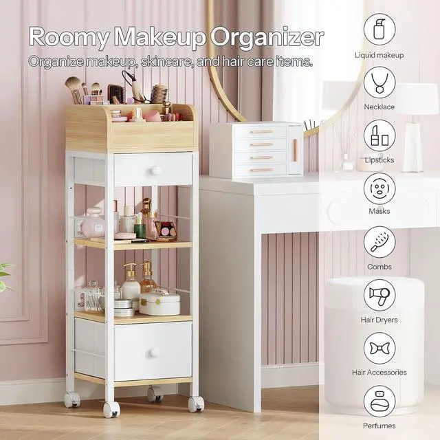 Alt view image 7 of 7 - Jewelry Box for Women and Mobile Makeup Storage with Swivel Casters and Leveling Feet Bundles, 4-Layer Jewelry Organizer Box, Cosmetics Display Holder, for Earrings, Necklaces, Rings BH09JB04-W
