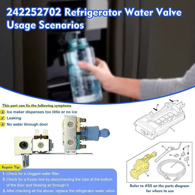 Alt view image 4 of 7 - 242252702, 240531101 Water Inlet Valve Compatible with Frigidaire, Kenmore, Electrolux, Crosley etc Refrigerator, Replace 2692163, AP5671757, PS7784018, 241734301, K-76150, WV2702 etc, 1 Year warranty
