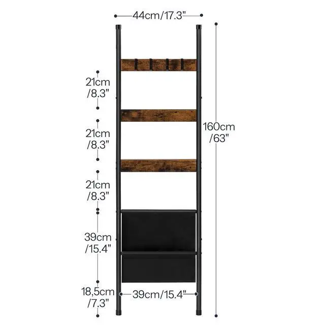 Alt view image 6 of 7 - Blanket Ladder, 5 Tier Towel Rack, 17.3" L x 63" H, Wall-Leaning Blanket Rack for Living Room, Decorative Ladder with 4 Hooks and Magazine Pocket, Rustic Brown BF32CJ01