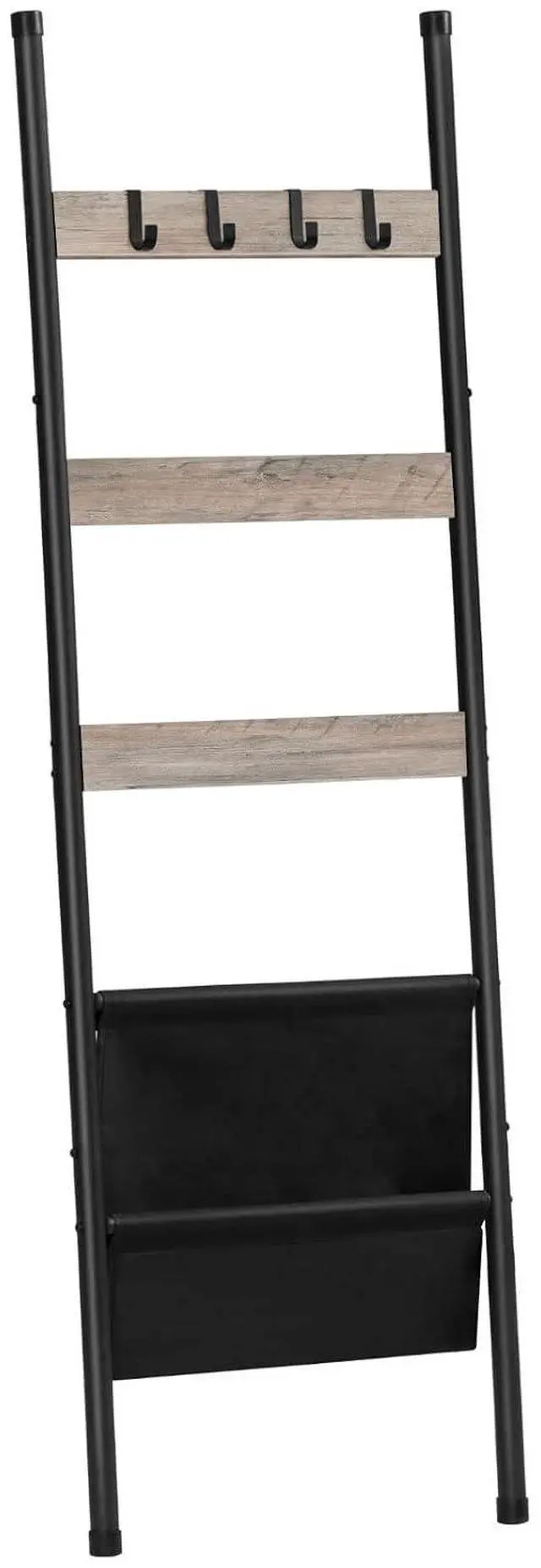 Main image of Blanket Ladder, 5 Tier Towel Rack, 17.3" L x 63" H, Wall-Leaning Blanket Rack for Living Room, Decorative Ladder with 4 Hooks and Magazine Pocket, Greige BG32CJ01