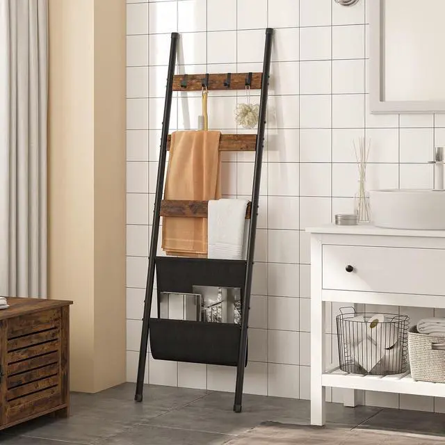 Alt view image 5 of 7 - Blanket Ladder, 5 Tier Towel Rack, 17.3" L x 63" H, Wall-Leaning Blanket Rack for Living Room, Decorative Ladder with 4 Hooks and Magazine Pocket, Rustic Brown BF32CJ01