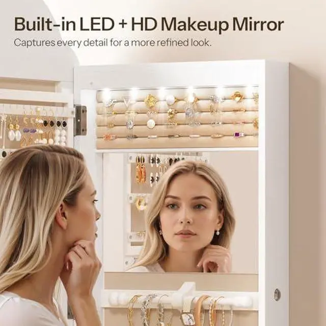 Alt view image 6 of 7 - Jewelry Box for Women and Wide Jewelry Cabinet, Jewelry Organizer Box, LED Jewelry Organizer Wall/Door Mounted, 6-Tier Wooden Jewelry Box, Hanging Jewelry Cabinet Mirror, BH12JB04-WT03JC04