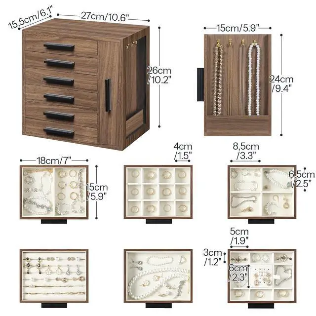 Alt view image 4 of 7 - Jewelry Box for Women and Wide Jewelry Cabinet, Jewelry Organizer Box, LED Jewelry Organizer Wall/Door Mounted, 6-Tier Wooden Jewelry Box, Hanging Jewelry Cabinet Mirror, BH12JB04-WT03JC04