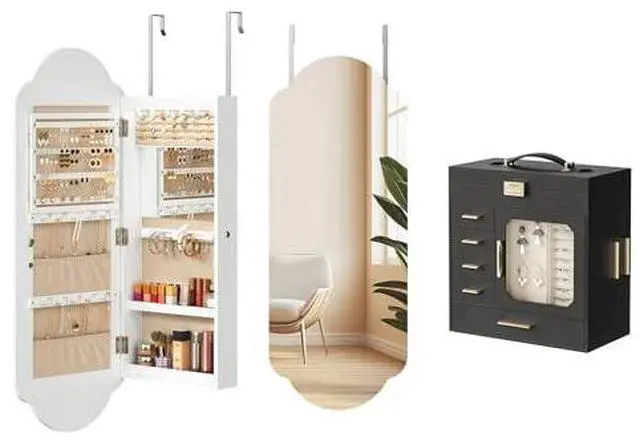 Main image of Jewelry Box with Mirror and Wide Jewelry Cabinet, Jewelry Organizer Box with Capacious Storage Space, LED Jewelry Organizer Wall/Door Mounted, BK06JB04G1-WT03JC04