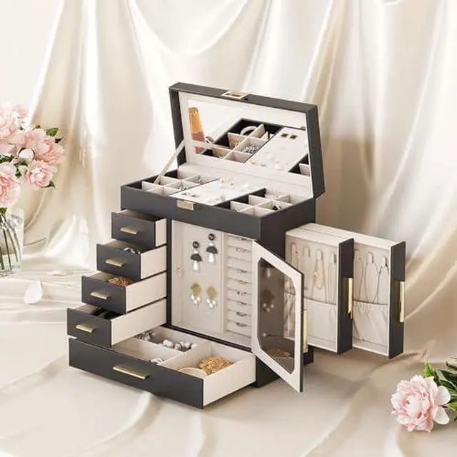 Alt view image 2 of 7 - Jewelry Box with Mirror and Wide Jewelry Cabinet, Jewelry Organizer Box with Capacious Storage Space, LED Jewelry Organizer Wall/Door Mounted, BK06JB04G1-WT03JC04