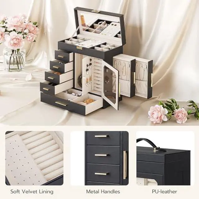 Alt view image 5 of 7 - Jewelry Box with Mirror and Wide Jewelry Cabinet, Jewelry Organizer Box with Capacious Storage Space, LED Jewelry Organizer Wall/Door Mounted, BK06JB04G1-WT03JC04