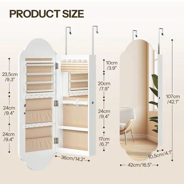 Alt view image 7 of 7 - Jewelry Box for Women and Wide Jewelry Cabinet, Jewelry Organizer Box, LED Jewelry Organizer Wall/Door Mounted, 6-Tier Wooden Jewelry Box, Hanging Jewelry Cabinet Mirror, BH12JB04-WT03JC04