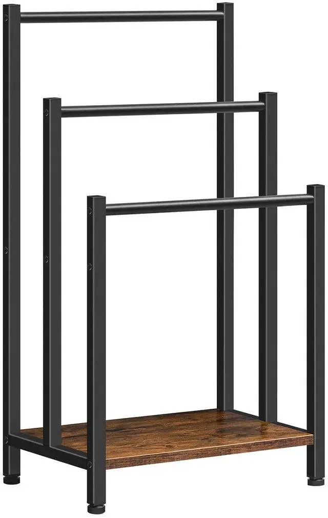 Main image of Free Standing Towel Rack, 3 Tier Blanket Rack, Blanket Holder for Bathroom, 16.9" L x 11" W x 31.9" H, Industrial Metal Drying and Display Rack with Shelf, Rustic Brown and Black BF03LB01