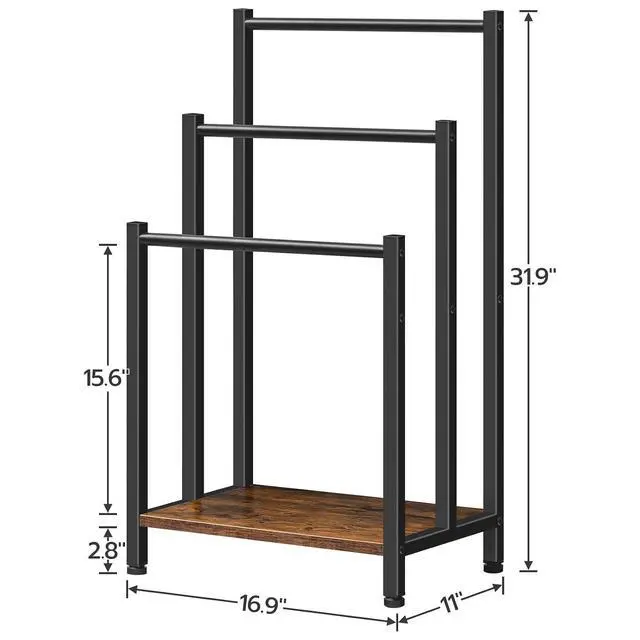 Alt view image 5 of 7 - Free Standing Towel Rack, 3 Tier Blanket Rack, Blanket Holder for Bathroom, 16.9" L x 11" W x 31.9" H, Industrial Metal Drying and Display Rack with Shelf, Rustic Brown and Black BF03LB01
