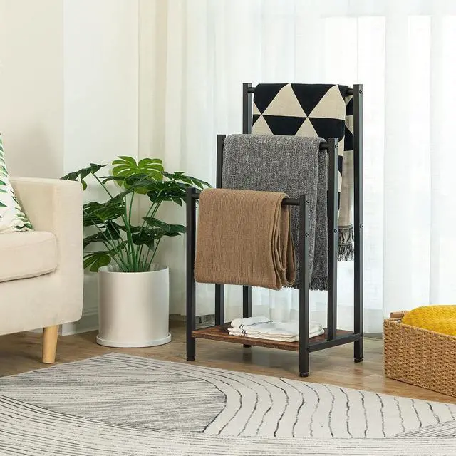 Alt view image 2 of 7 - Free Standing Towel Rack, 3 Tier Blanket Rack, Blanket Holder for Bathroom, 16.9" L x 11" W x 31.9" H, Industrial Metal Drying and Display Rack with Shelf, Rustic Brown and Black BF03LB01