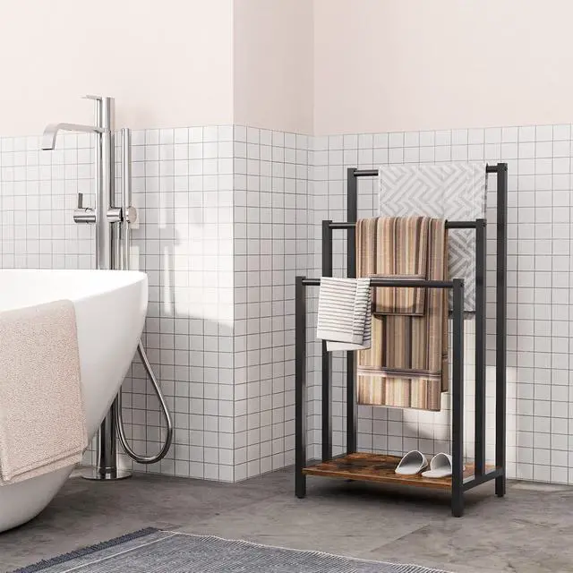Alt view image 3 of 7 - Free Standing Towel Rack, 3 Tier Blanket Rack, Blanket Holder for Bathroom, 16.9" L x 11" W x 31.9" H, Industrial Metal Drying and Display Rack with Shelf, Rustic Brown and Black BF03LB01