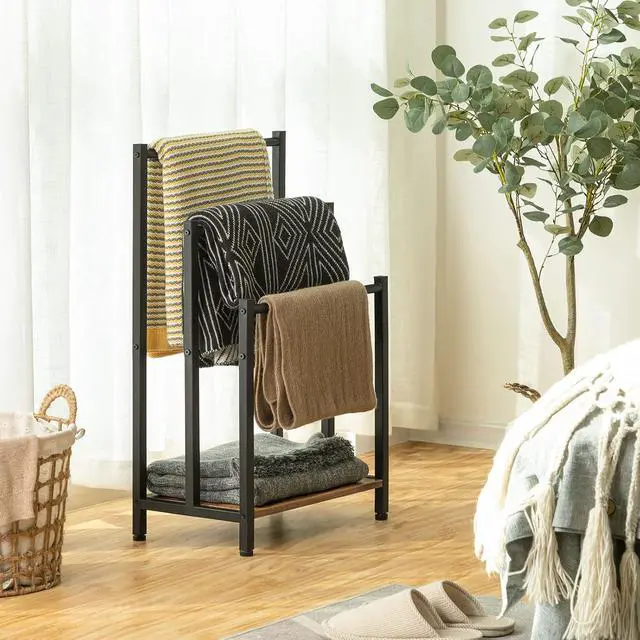 Alt view image 4 of 7 - Free Standing Towel Rack, 3 Tier Blanket Rack, Blanket Holder for Bathroom, 16.9" L x 11" W x 31.9" H, Industrial Metal Drying and Display Rack with Shelf, Rustic Brown and Black BF03LB01