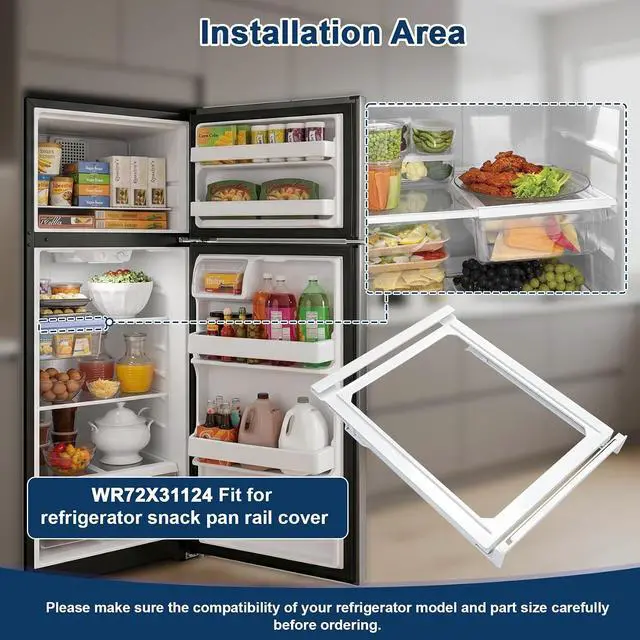 Alt view image 6 of 7 - WR72X31124 Snack Pan Rail Compatible with ge Refrigerator(some model, not all): GIE17GSNDRSS, GTS22KYNBRFS, GTS22KYNDRFS etc. Snack Pan Rail Cover AP6978678 replace PS12744172, EAP12744172, 4959241