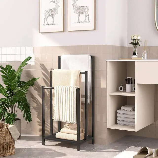 Alt view image 2 of 7 - Free Standing Towel Rack, 3 Tier Blanket Rack, Blanket Holder for Bathroom, 16.9" L x 11" W x 31.9" H, Industrial Metal Drying and Display Rack with Shelf, Black BB03LB01