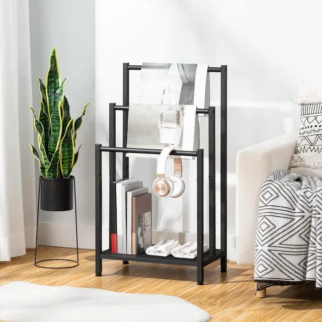 Alt view image 3 of 7 - Free Standing Towel Rack, 3 Tier Blanket Rack, Blanket Holder for Bathroom, 16.9" L x 11" W x 31.9" H, Industrial Metal Drying and Display Rack with Shelf, Black BB03LB01