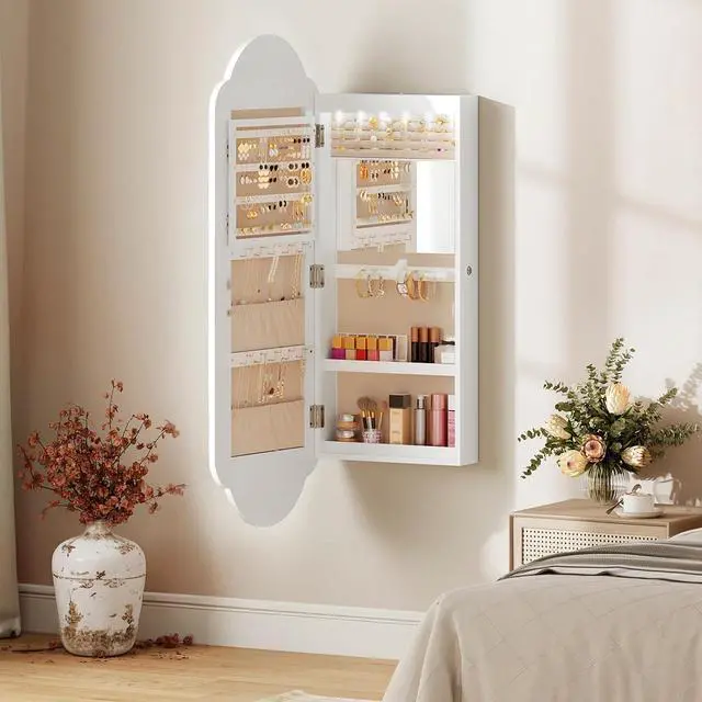 Alt view image 6 of 7 - Jewelry Box with Mirror and Wide Jewelry Cabinet, Jewelry Organizer Box with Capacious Storage Space, LED Jewelry Organizer Wall/Door Mounted, BK06JB04G1-WT03JC04