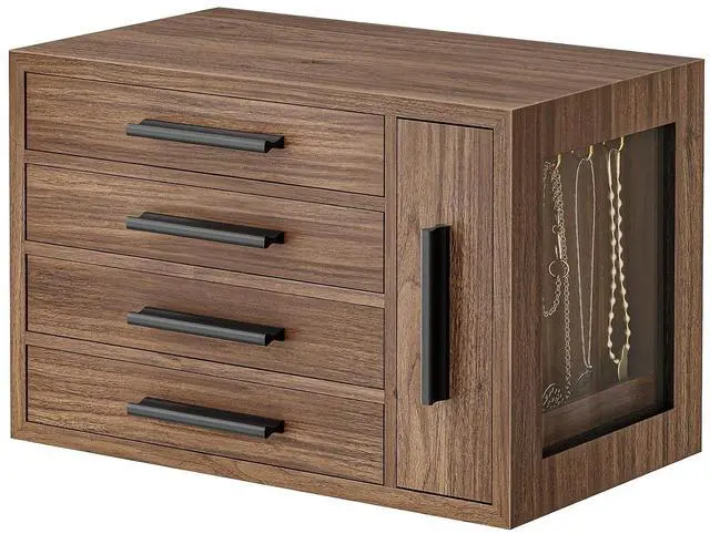 Main image of Jewelry Box for Women, Wooden Jewelry Organizer with Transparent Window, 4-Layer Jewelry Organizer Box, Jewelry Holder Organizer for Earrings, Necklaces, Rings, Walnut and Black BH09JB04