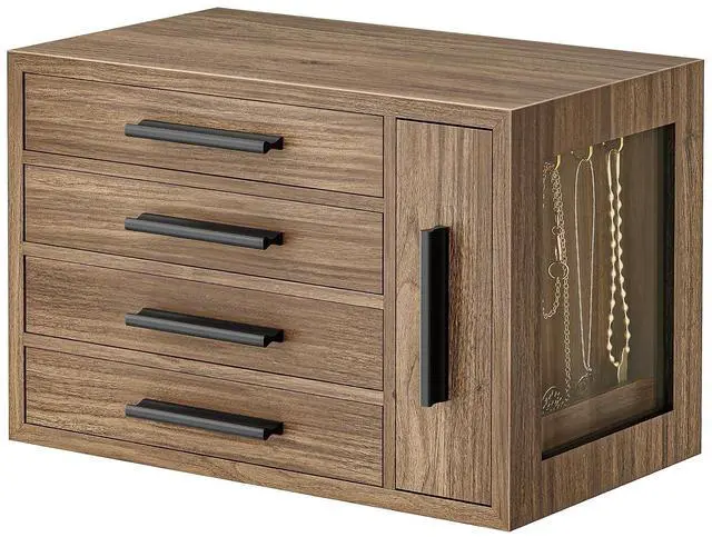 Main image of Jewelry Box for Women, Wooden Jewelry Organizer with Transparent Window, 4-Layer Jewelry Organizer Box, Jewelry Holder Organizer for Earrings, Necklaces, Rings, Light Walnut and Black BSD09JB04