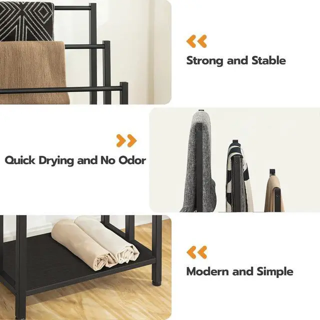 Alt view image 4 of 7 - Free Standing Towel Rack, 3 Tier Blanket Rack, Blanket Holder for Bathroom, 16.9" L x 11" W x 31.9" H, Industrial Metal Drying and Display Rack with Shelf, Black BB03LB01