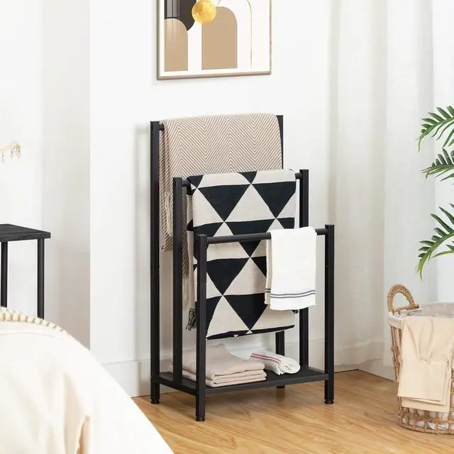 Alt view image 5 of 7 - Free Standing Towel Rack, 3 Tier Blanket Rack, Blanket Holder for Bathroom, 16.9" L x 11" W x 31.9" H, Industrial Metal Drying and Display Rack with Shelf, Black BB03LB01
