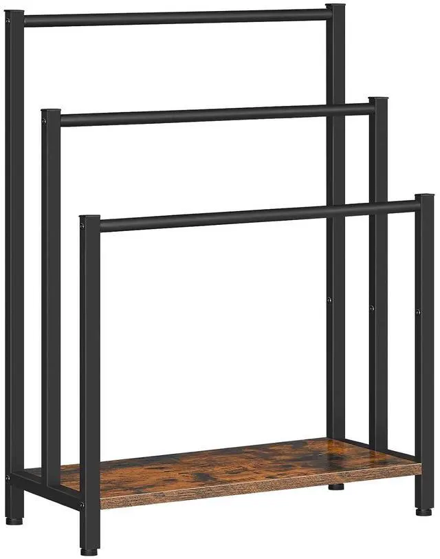Main image of Free Standing Towel Rack, 3 Tier Blanket Rack, Blanket Holder for Bathroom, 23.6" L x 11" W x 31.9" H, Industrial Metal Drying and Display Rack with Shelf, Rustic Brown and Black BF06LB01