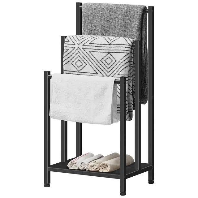 Alt view image 7 of 7 - Free Standing Towel Rack, 3 Tier Blanket Rack, Blanket Holder for Bathroom, 16.9" L x 11" W x 31.9" H, Industrial Metal Drying and Display Rack with Shelf, Black BB03LB01