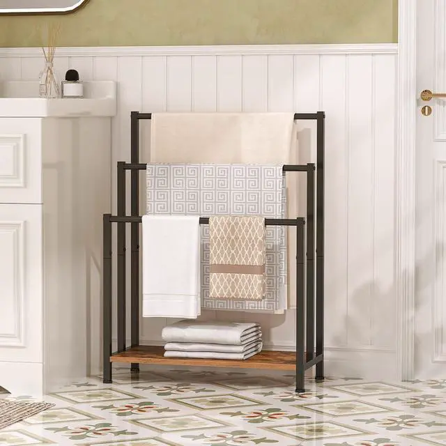 Alt view image 2 of 7 - Free Standing Towel Rack, 3 Tier Blanket Rack, Blanket Holder for Bathroom, 23.6" L x 11" W x 31.9" H, Industrial Metal Drying and Display Rack with Shelf, Rustic Brown and Black BF06LB01