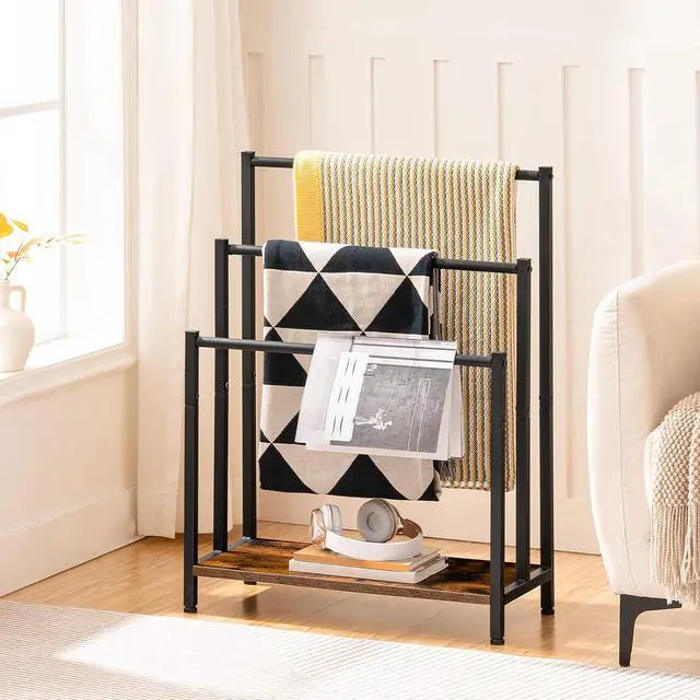 Alt view image 4 of 7 - Free Standing Towel Rack, 3 Tier Blanket Rack, Blanket Holder for Bathroom, 23.6" L x 11" W x 31.9" H, Industrial Metal Drying and Display Rack with Shelf, Rustic Brown and Black BF06LB01